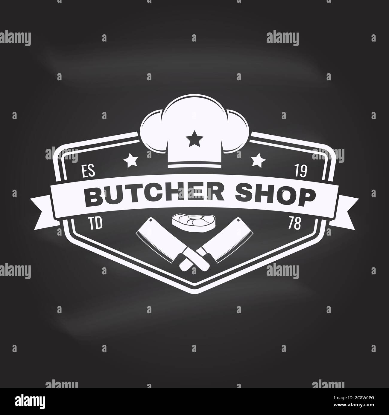 Butcher meat shop Badge or Label with Steak, chef hat, kitchen knife ...