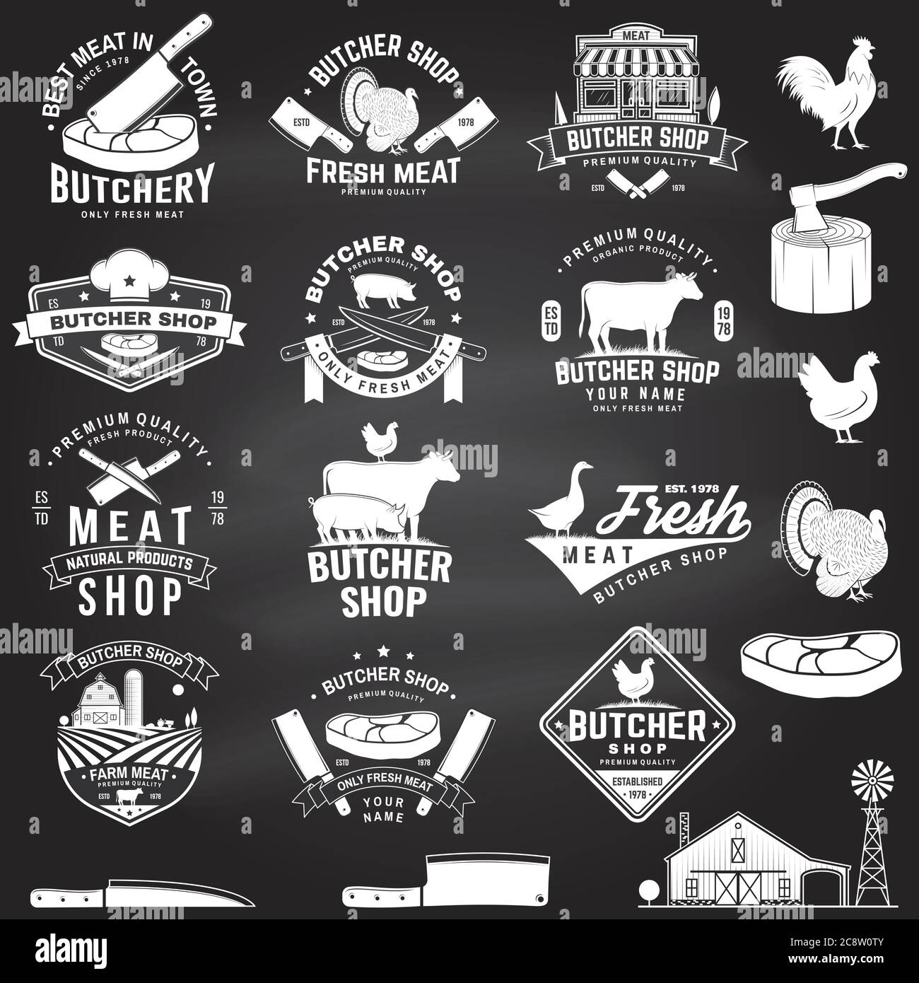 Set Of Butcher Shop Badge Or Label With Turkey Cow Beef Chicken Vector Illustration Vintage Typography Logo Design With Cow Chicken Silhouette Butchery Meat Shop Market Restaurant Business Stock Vector Image