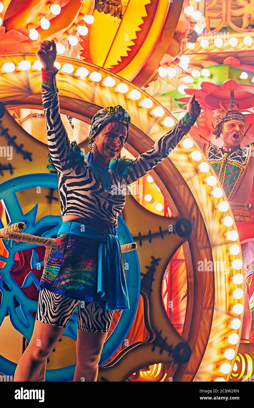 A brightly litup carnival float at the Bridgwater Carnival, held every