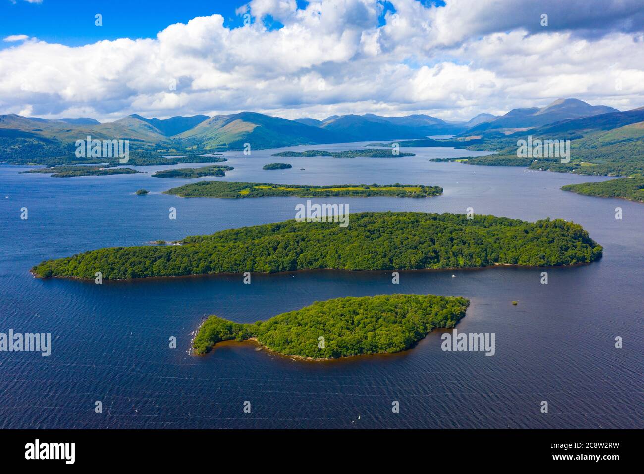 Aerial view of islands in Loch Lomond. Nearest Clairinsh, Inchcailloch and Inchfad in Loch Lomond and The Trossachs National Park,, Scotland, UK Stock Photo