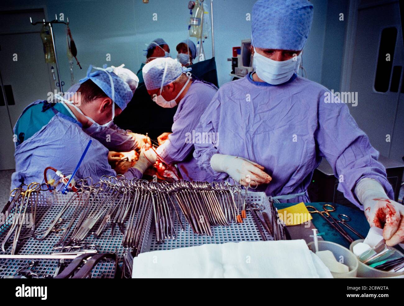 Tray of surgical instruments in the sterile area of an operating theatre Stock Photo