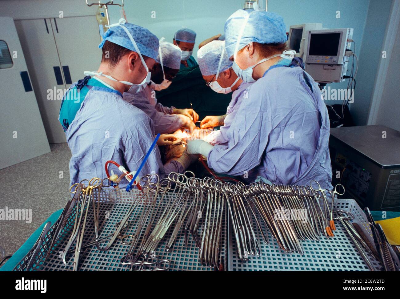 Tray of surgical instruments in the sterile area of an operating theatre Stock Photo