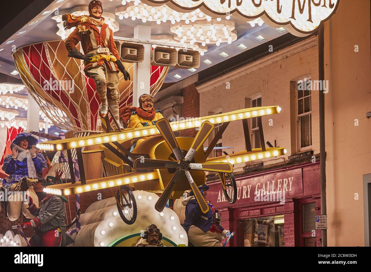 A brightly lit-up carnival float at the Bridgwater Carnival, held every November, in Bridgwater, Somerset, Great Britain. Stock Photo