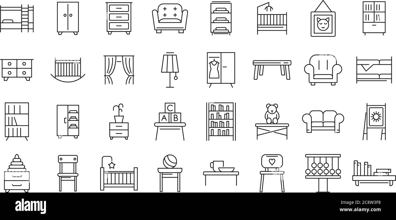 Childrens room icons set. Outline set of childrens room vector icons ...