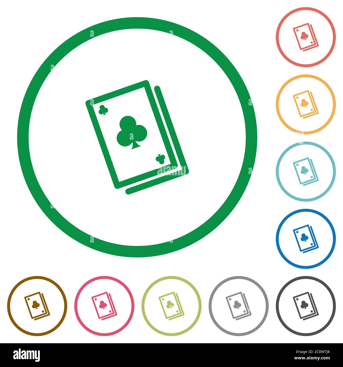 Set of Card game color round outlined flat icons on white background ...
