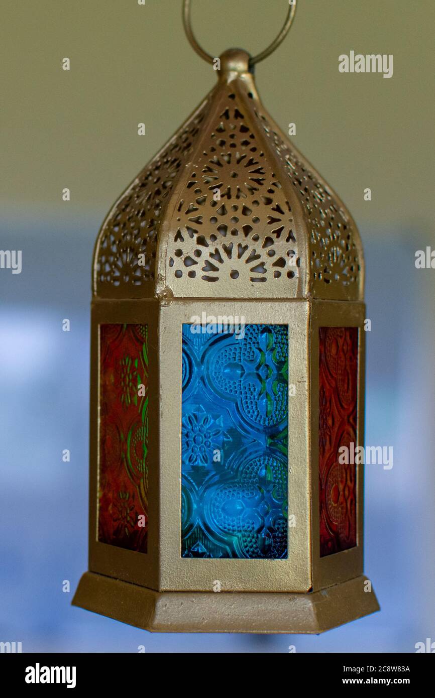Ramadan Kareem Islamic Middle Eastern Latern with Copy Space. Selective focus. (portrait) Stock Photo