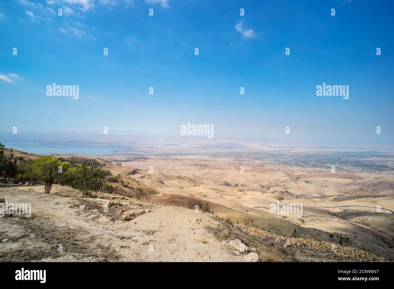 Look from Mount Nebo hill to the valley. Place of Moses grave, to the valley. Typical landscape between Israel and Jordan, Middle East. Stock Photo