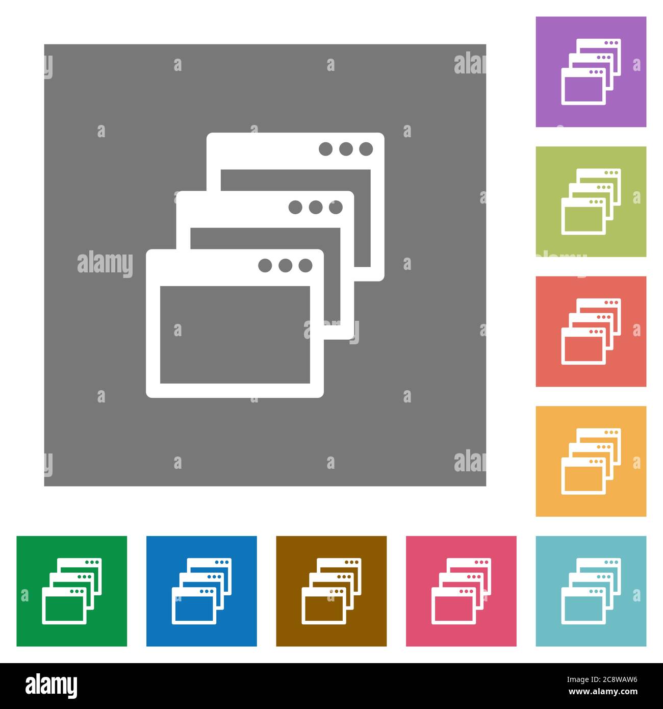 Cascade window view mode flat icon set on color square background. Stock Vector