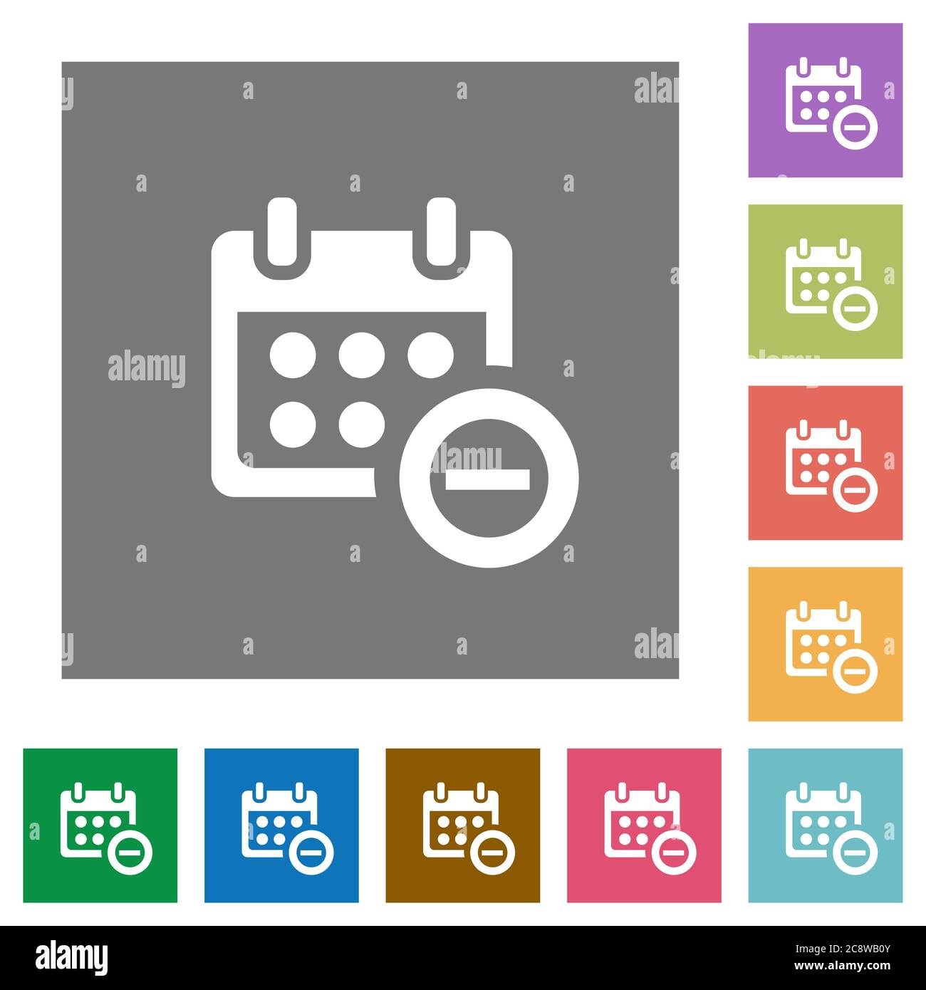 Remove from calendar flat icon set on color square background. Stock Vector