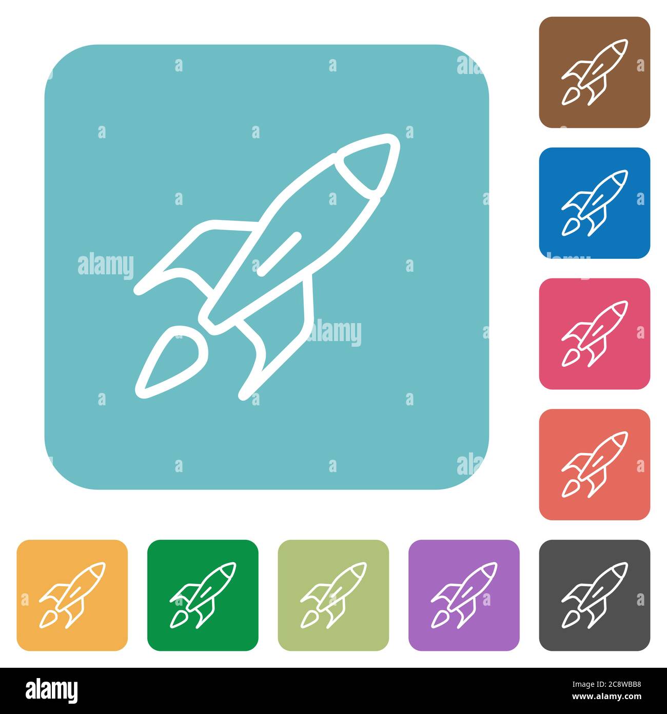Flat launched rocket icons on rounded square color backgrounds. Stock Vector