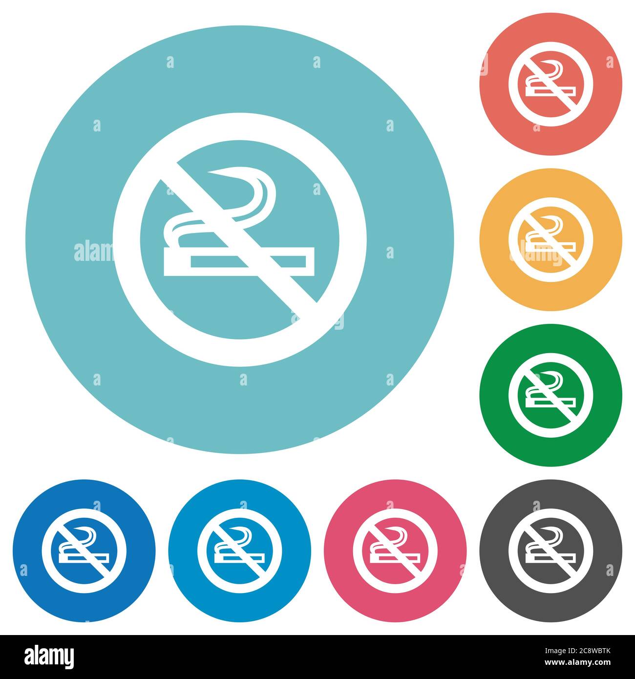Flat no smoking icon set on round color background. Stock Vector