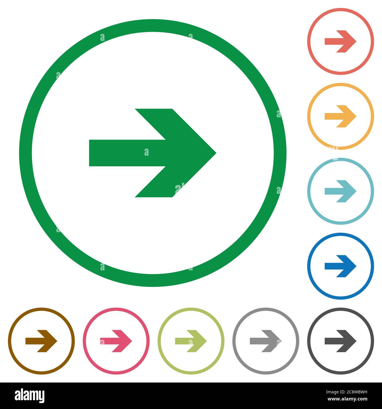 Set of right arrow color round outlined flat icons on white background ...