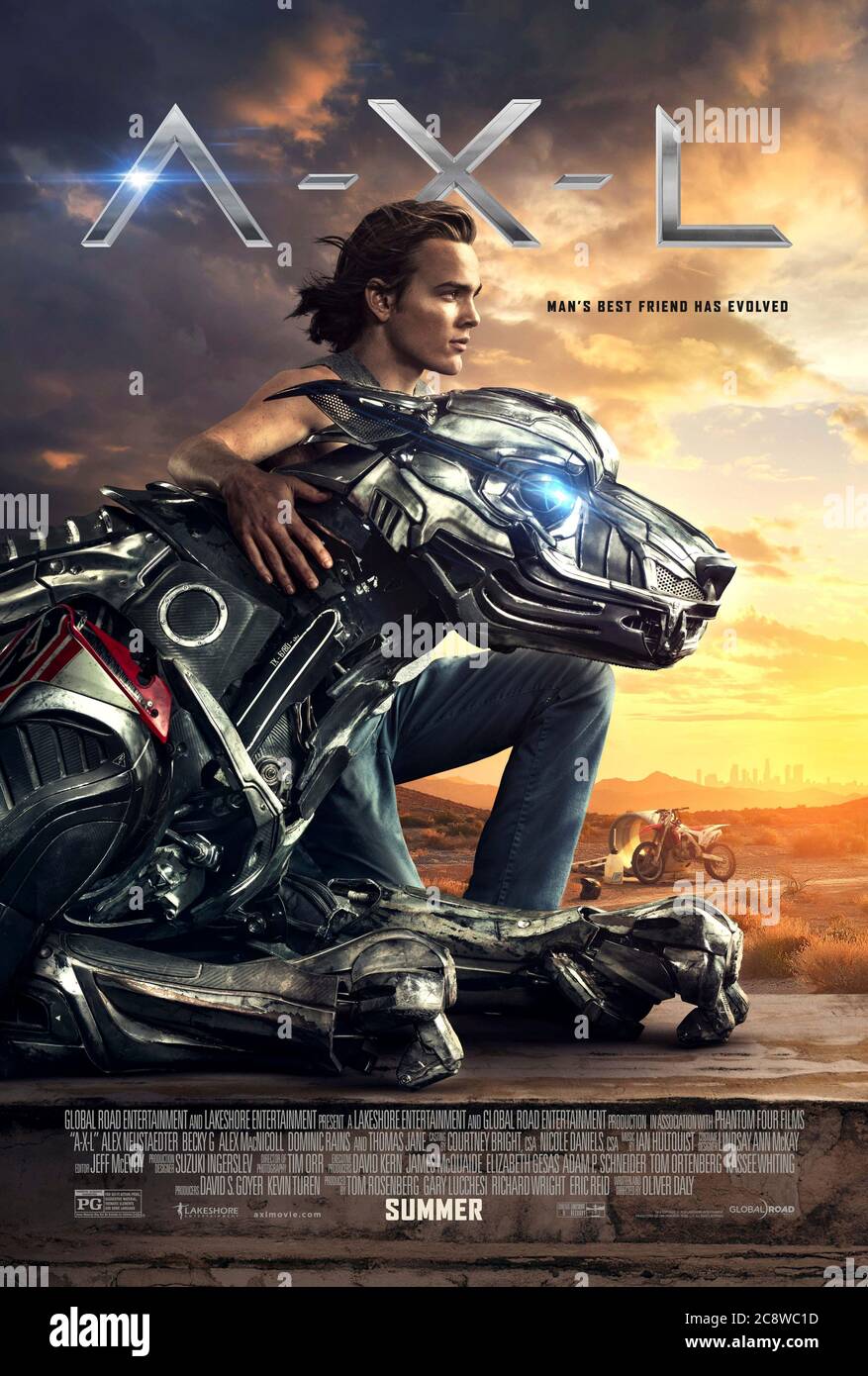 A-X-L (2018) directed by Oliver Daly and starring Alex Neustaedter, Becky G, Alex MacNicoll and Thomas Jane. A next generation artificial intellegence military robotic dog designed for 'Attack, Exploration, Logistics' escapes the laboratory and bonds with a teenage boy. Stock Photo