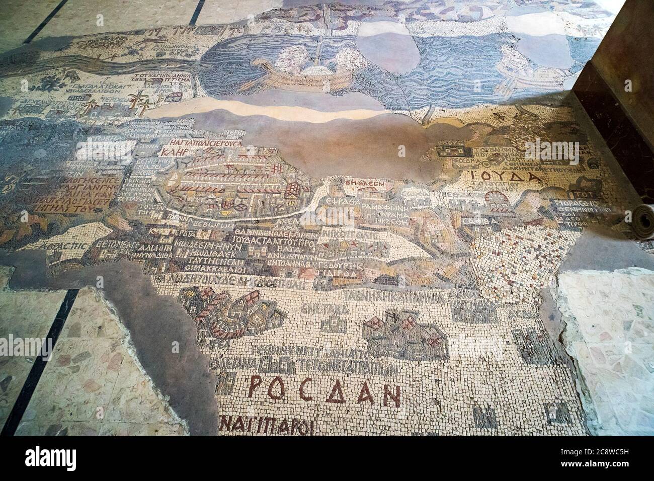 Jordan. Madaba, biblical Medeba - St. George's Church. Fragment of the oldest floor mosaic map of the Holy Land - the Jordan River and the Dead Sea Stock Photo