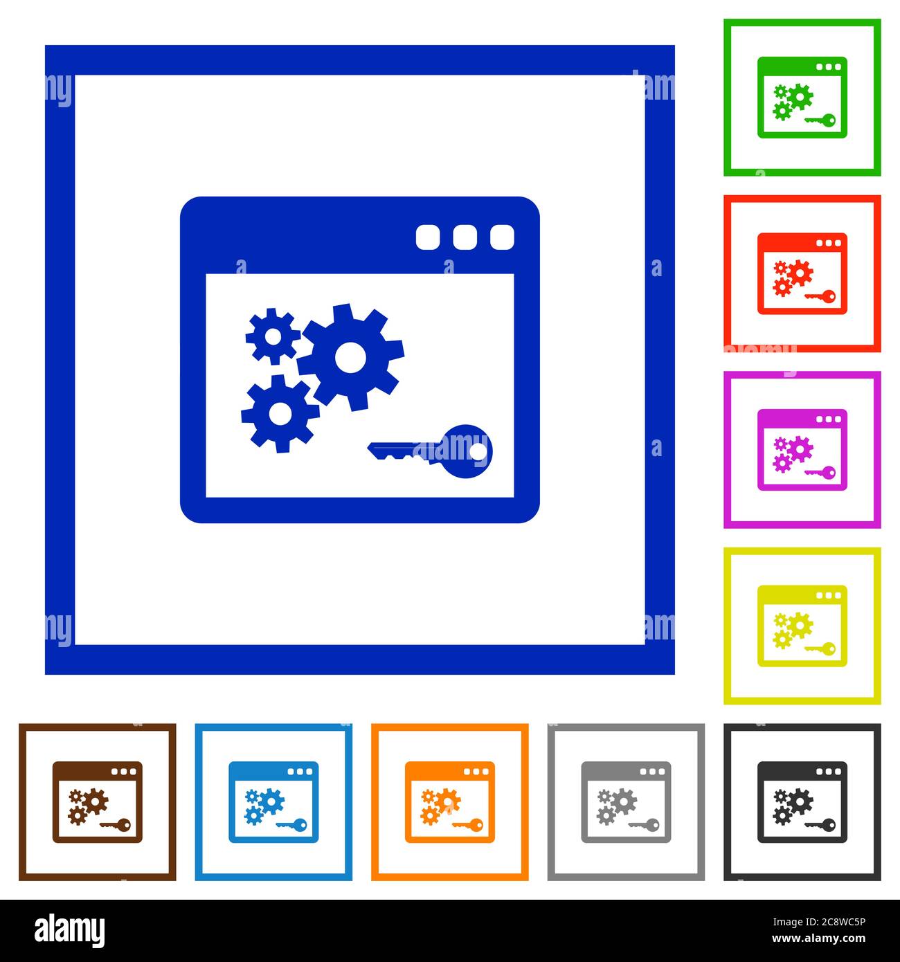 Set of color square framed API key flat icons Stock Vector