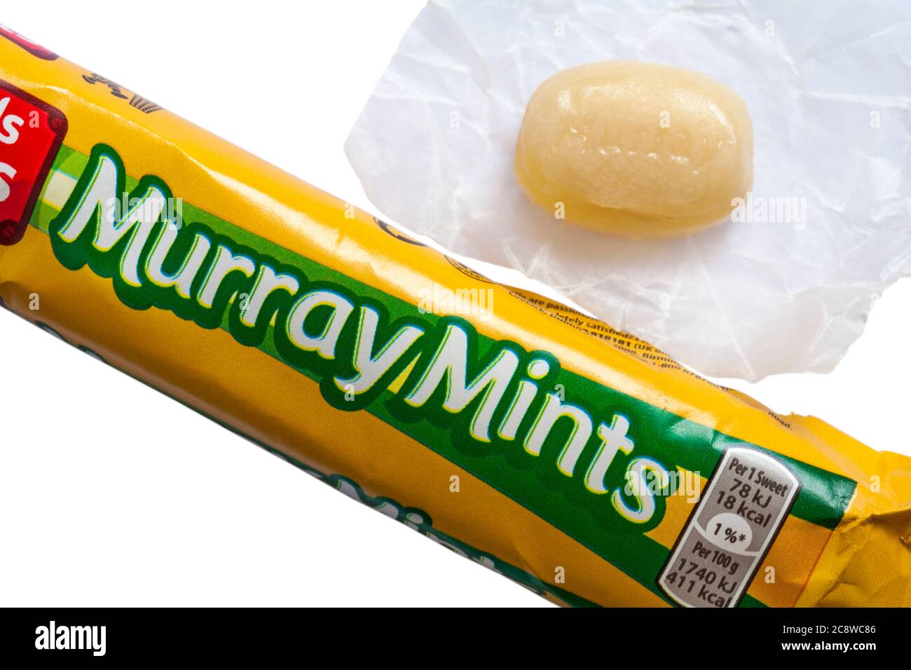 Packet of Maynards Bassetts Murray Mints opened with one mint removed and unwrapped on white background Stock Photo