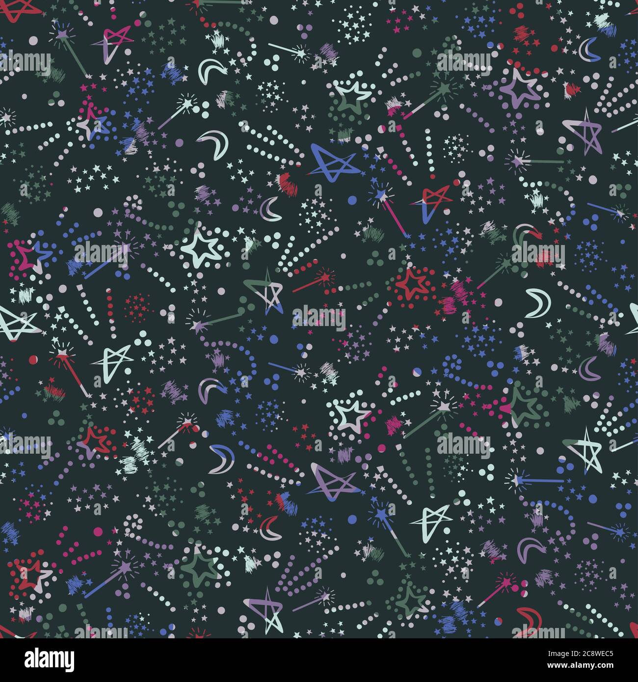 magic stars, spells, wands seamless vector pattern Stock Vector