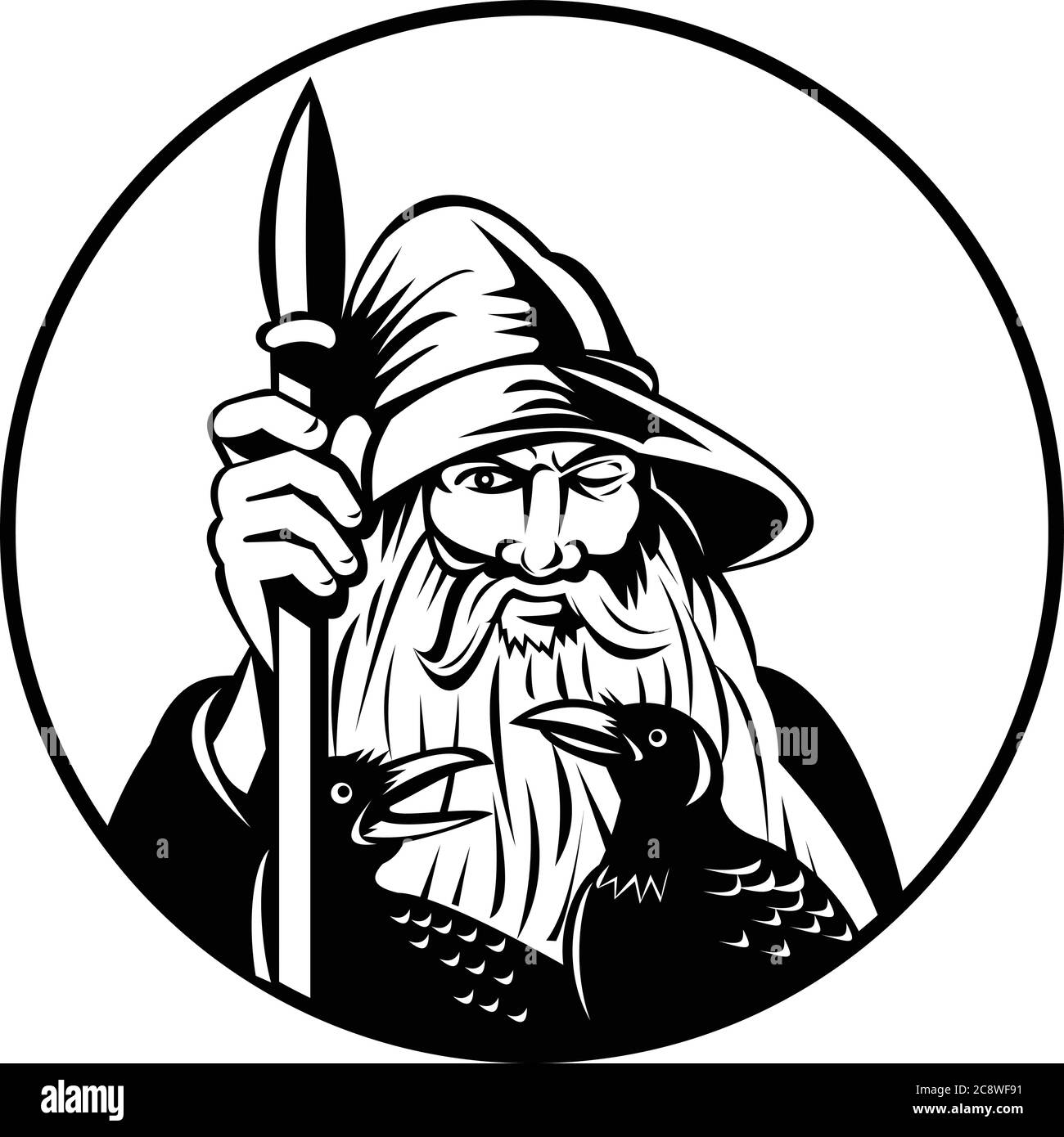 Retro style illustration of Odin, god of war and of the dead in Germanic and Norse mythology, with his ravens and holding a staff or spear inside circ Stock Vector