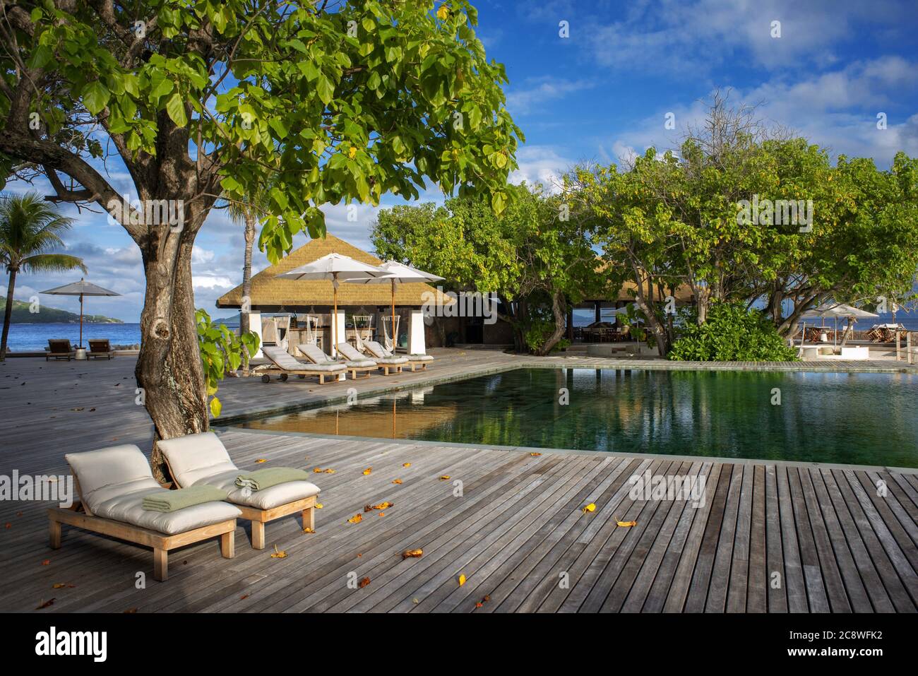 Pool of Six Senses Zil Pasyon luxury hotel. Felicite island Seychelles