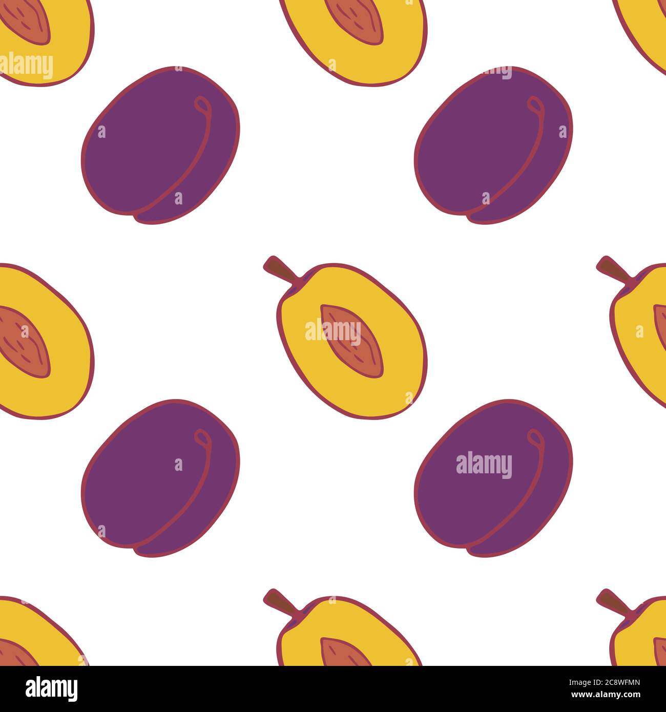 Fruit plum seamless pattern, great design for any purposes. Hand drawn fabric texture pattern. Healthy food background. Vector flat style summer graphic. On white background. Stock Vector