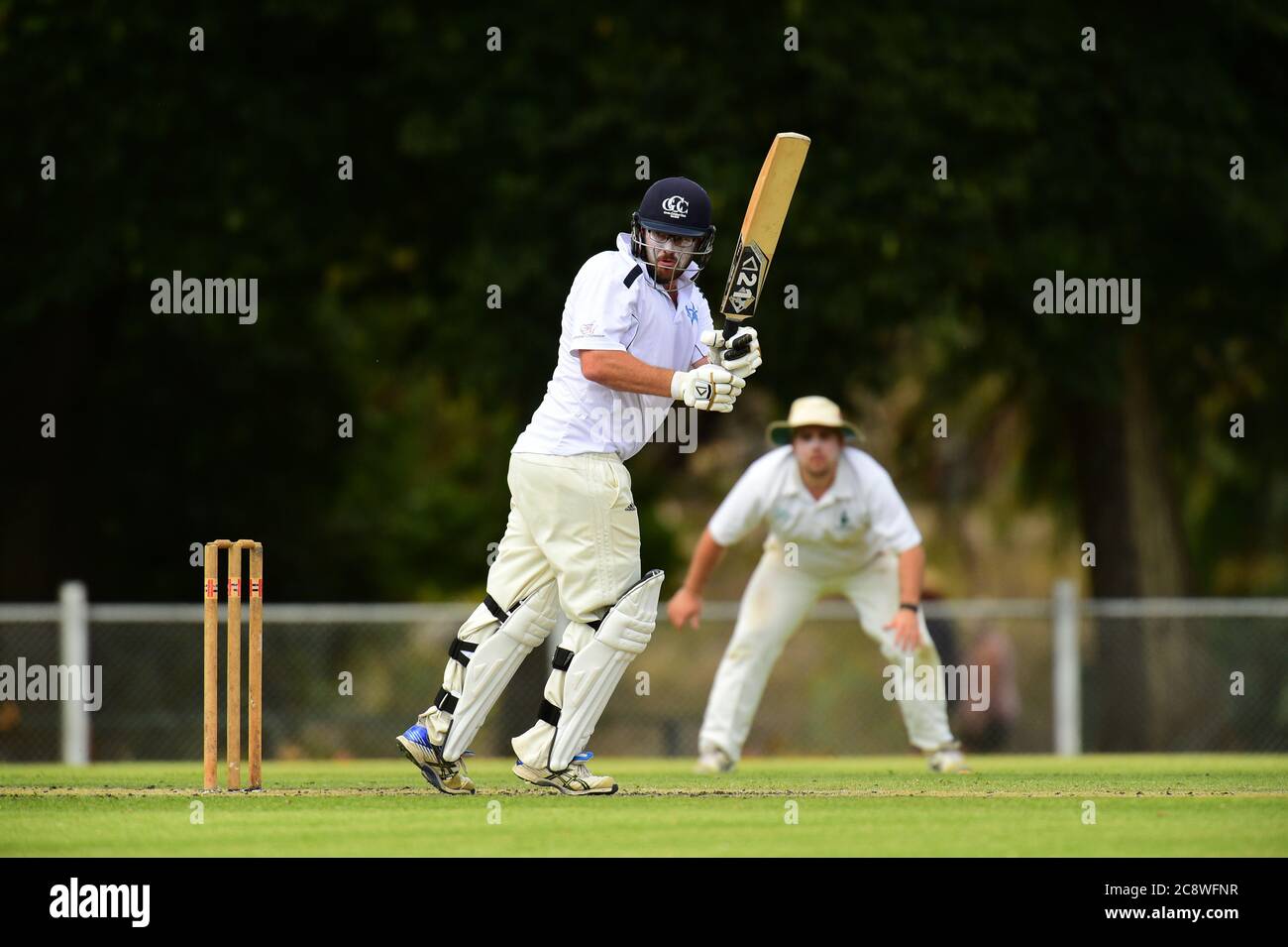 A cricketer decides whether to run as a fielder watches on during a cricket match in Victoria, Australia Stock Photo