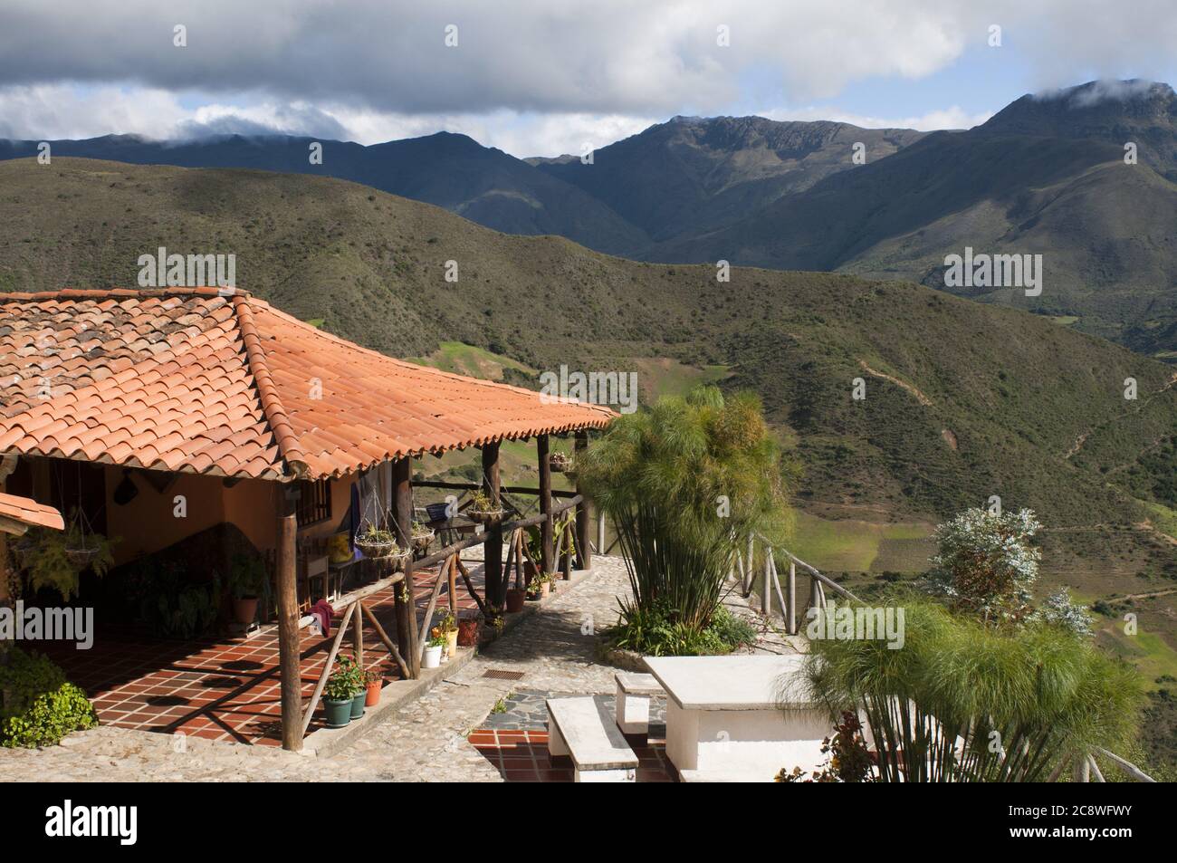 Posada Bella Vista in Los Nevados village in andean cordillera Merida state Venezuela. Los Nevados, is a town founded in 1591, located in the Sierra Nevada National Park in Mérida, Venezuela, located 2,710 meters above sea level and with a population of 2000 inhabitants. its name comes from the glaciers of the peaks León, Toro and Espejo that could be seen from Los Nevados before their disappearance in the 1960s . the main activity of the area is tourism, with its horse and donkey rides via the cable car station Loma Redonda. Its inhabitants are also engaged in farming, especially the cultivat Stock Photo