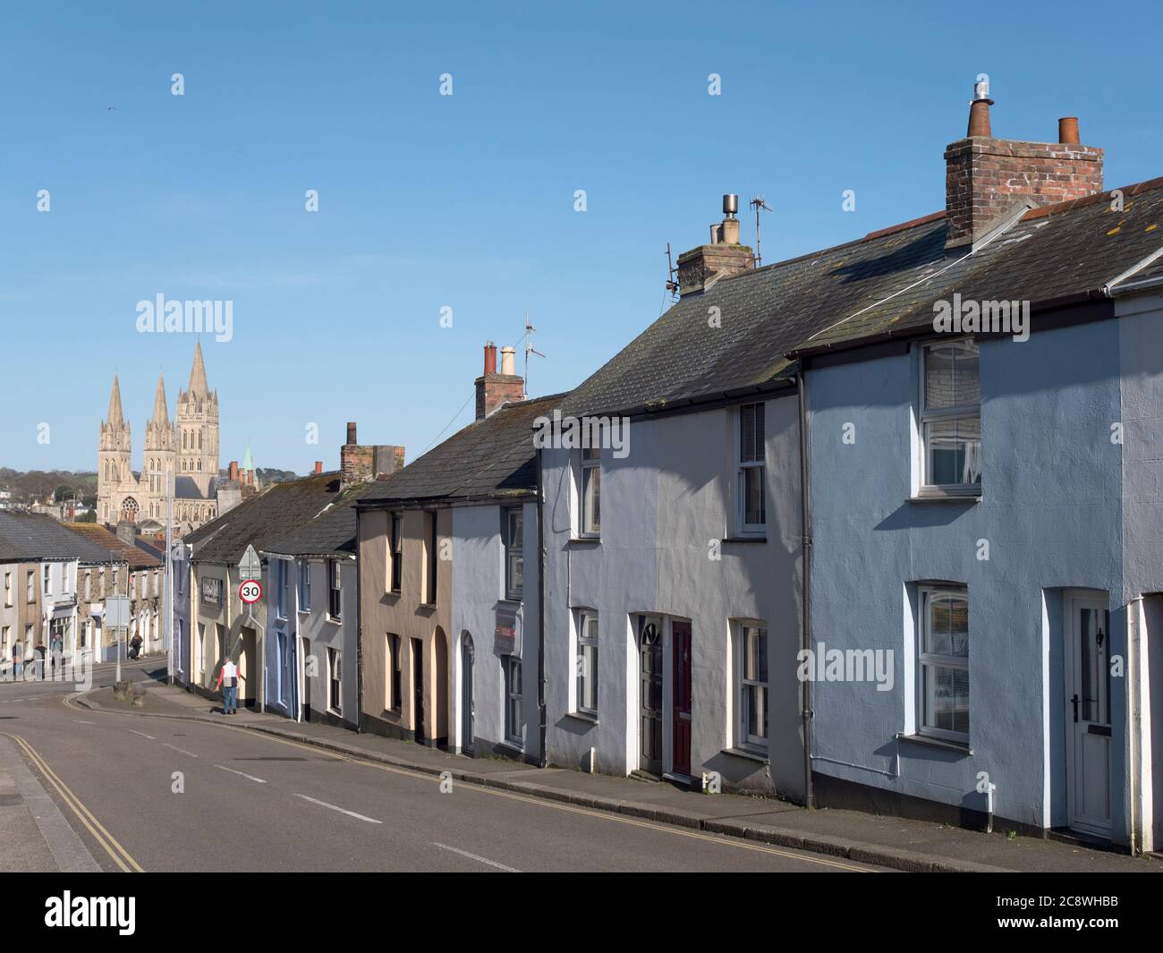 Kenwyn Street in Truro, Cornwall, England UK, with the cathedral in the background. Stock Photo