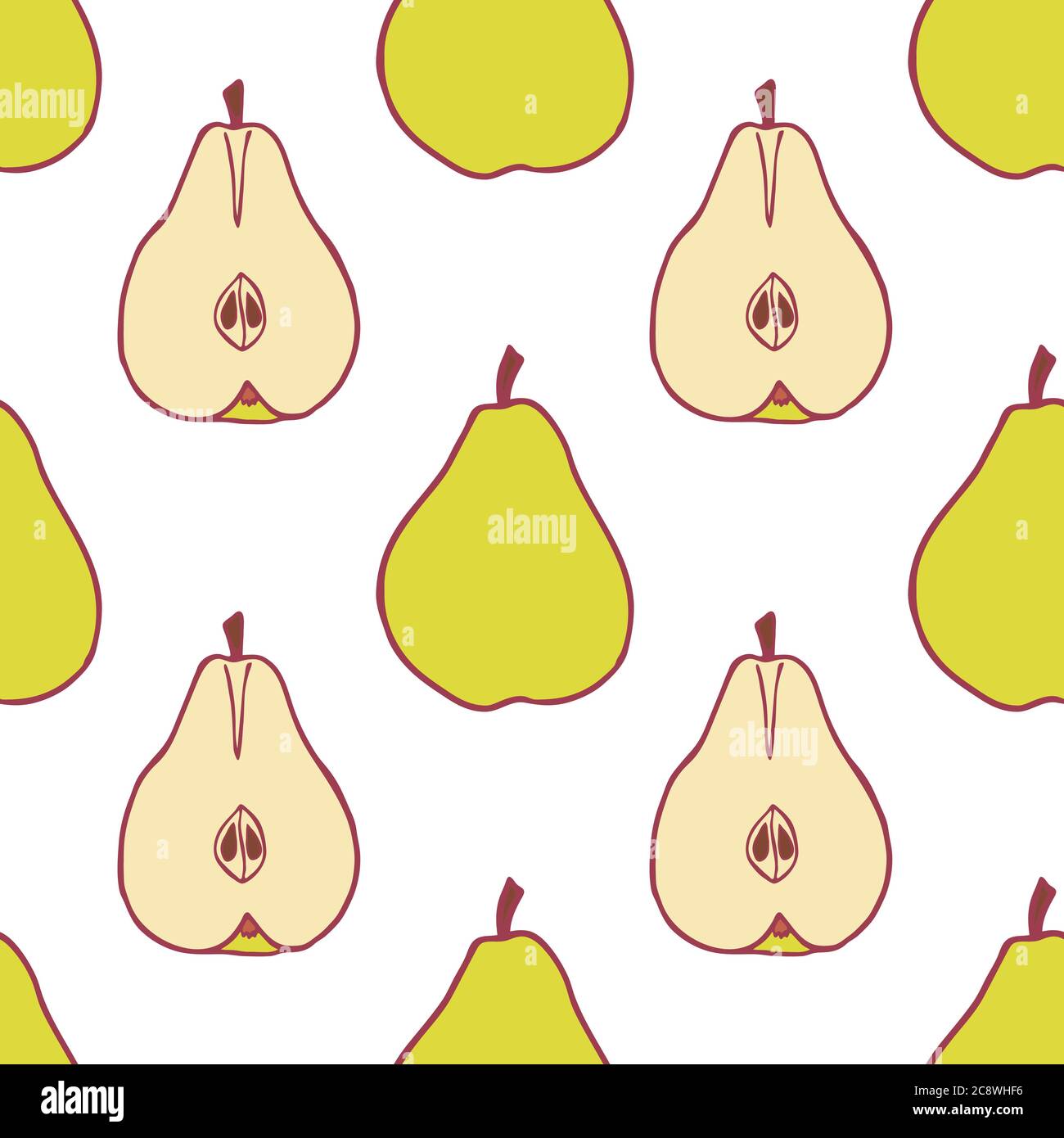 Fruit pear seamless pattern, great design for any purposes. Hand drawn fabric texture pattern. Healthy food background. Vector flat style summer graphic. On white background. Stock Vector