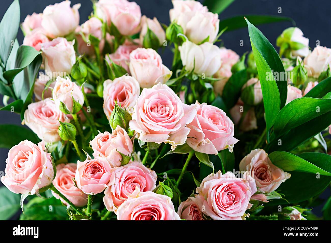 Bouquet of several branches of pink roses. Background of pink roses ...