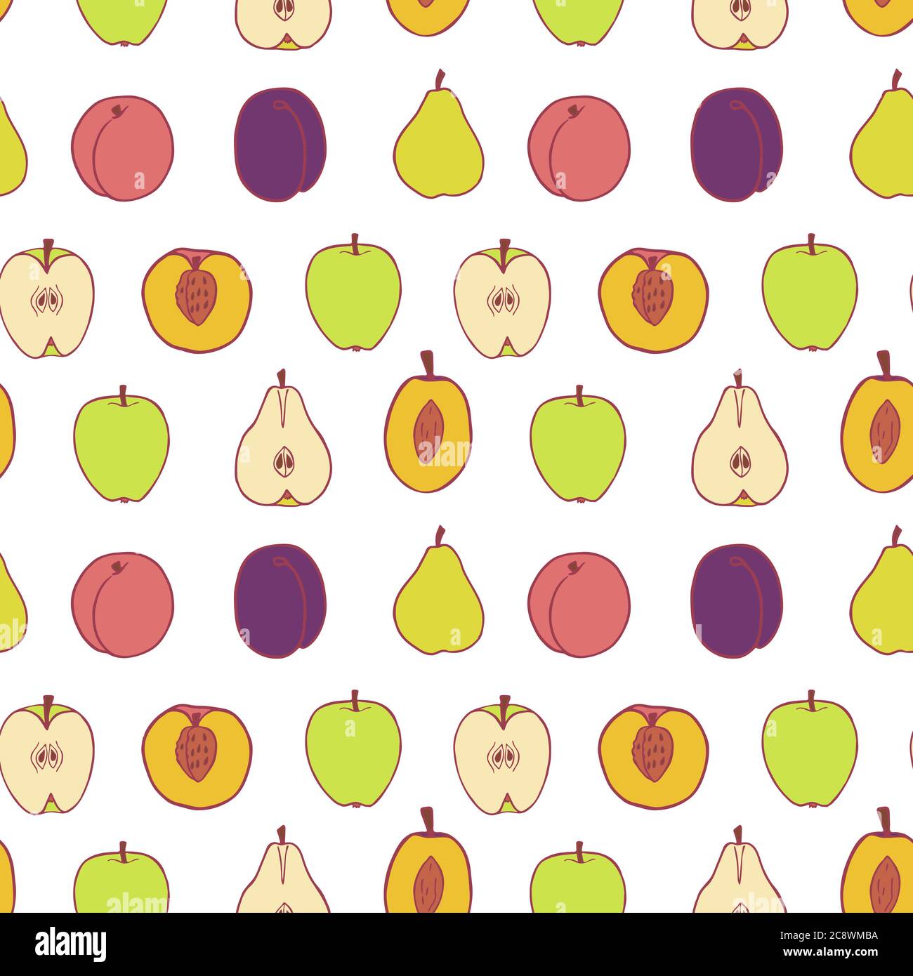Fruit plum, pear, peach and apple seamless pattern, great design for any purposes. Hand drawn fabric texture pattern. Healthy food background. Vector flat style summer graphic. On white background. Stock Vector