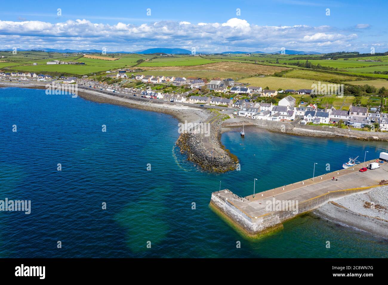 Aerial view of Port William harbour and village, Luce Bay, Dumfries & Galloway, Scotland. Stock Photo
