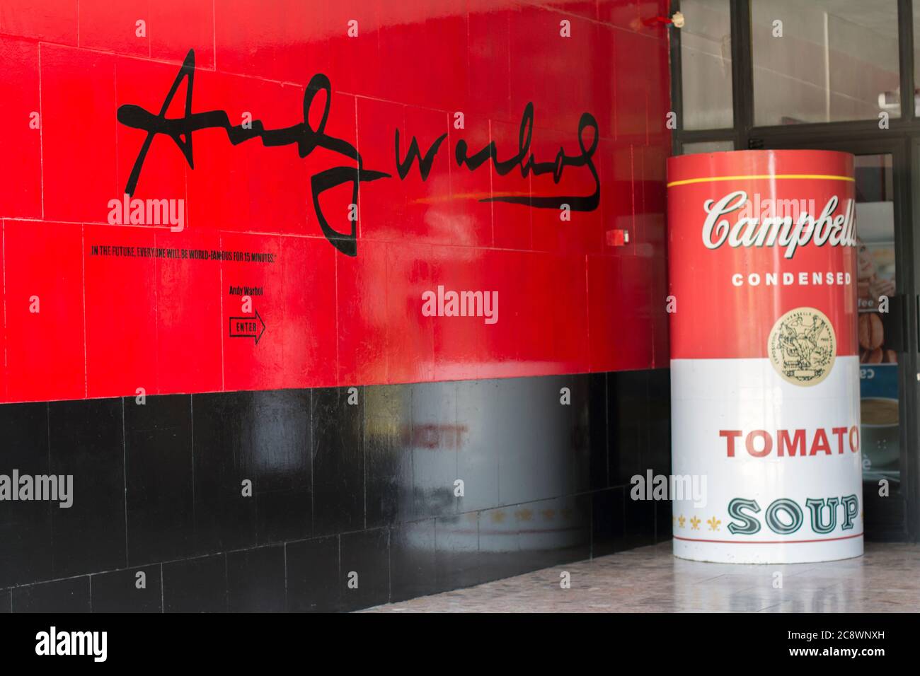 Medzilaborce Slovakia June 04, 2020 Andy Warhol Museum of Modern Art. Huge Campbell condensed tomato soup installation welcomes visitors. Stock Photo
