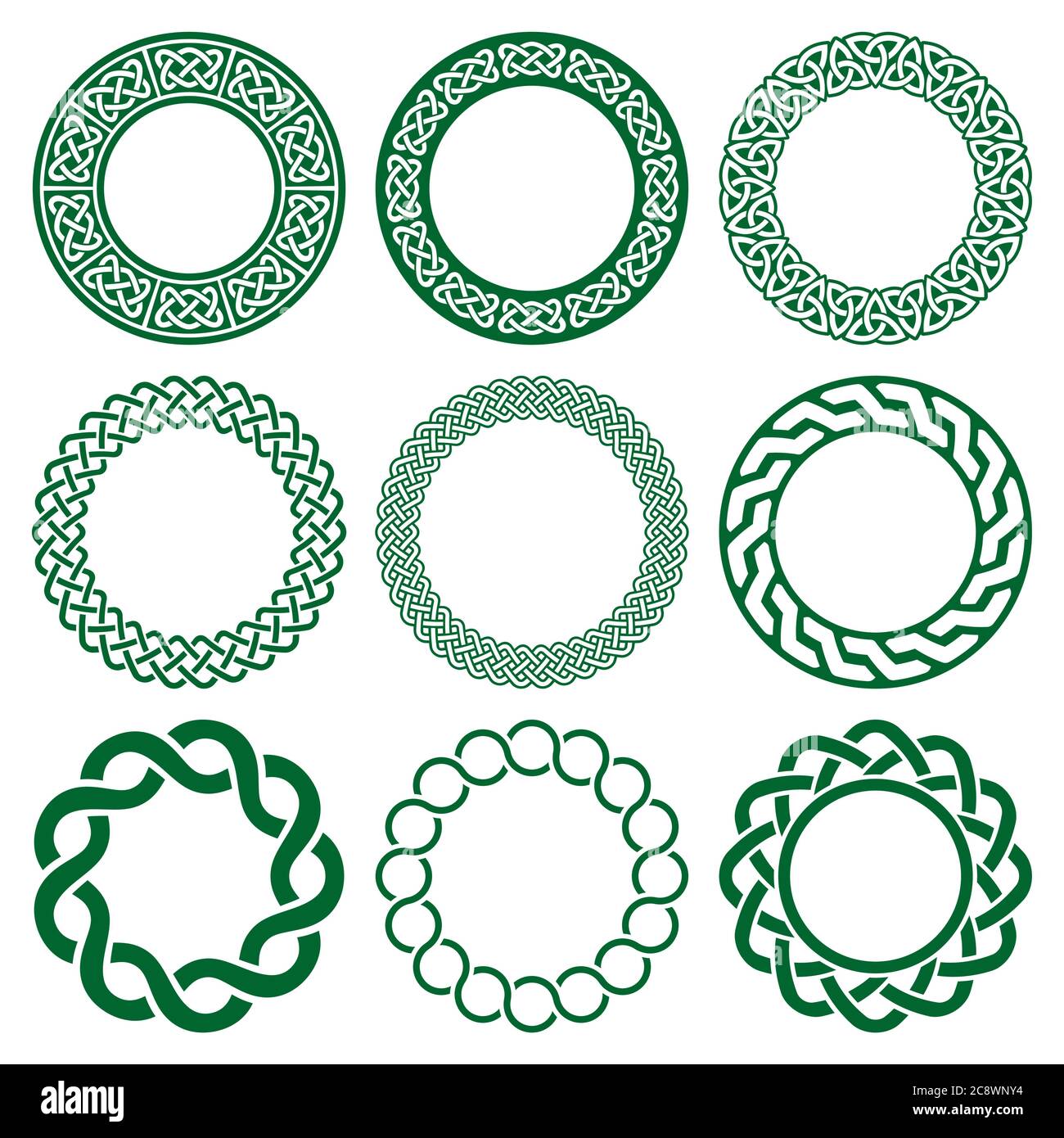 Irish Celtic vector mandala frame set, green braided round pattern - greeting card and invititon background, St Patrick's Day design Stock Vector