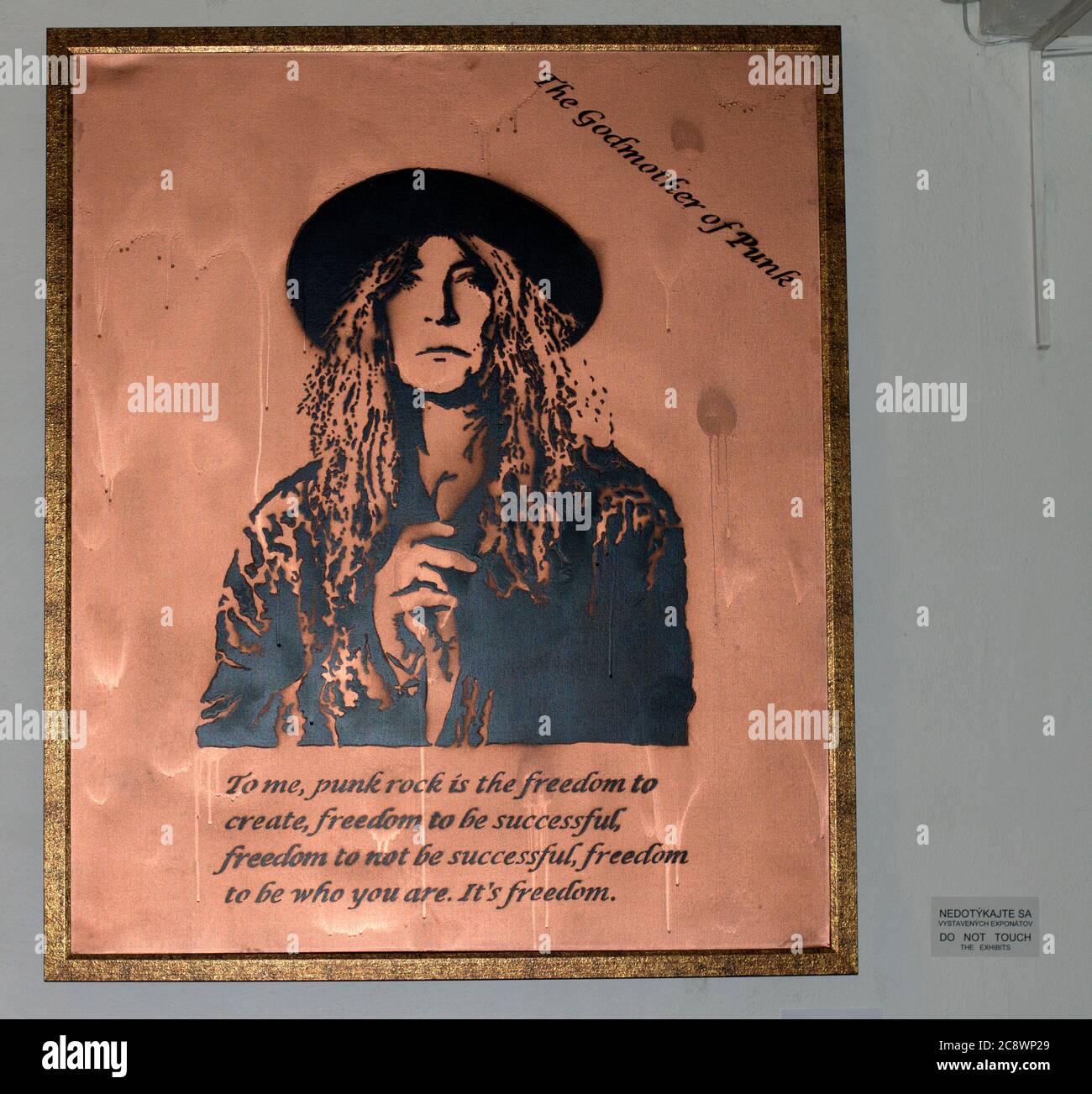Medzilaborce Slovakia June 04, 2020 Patti Smith, Iggy Pop portrait is on exhibition in the Andy Warhol Museum of Modern Art. Spray Paint on Canvas. Stock Photo