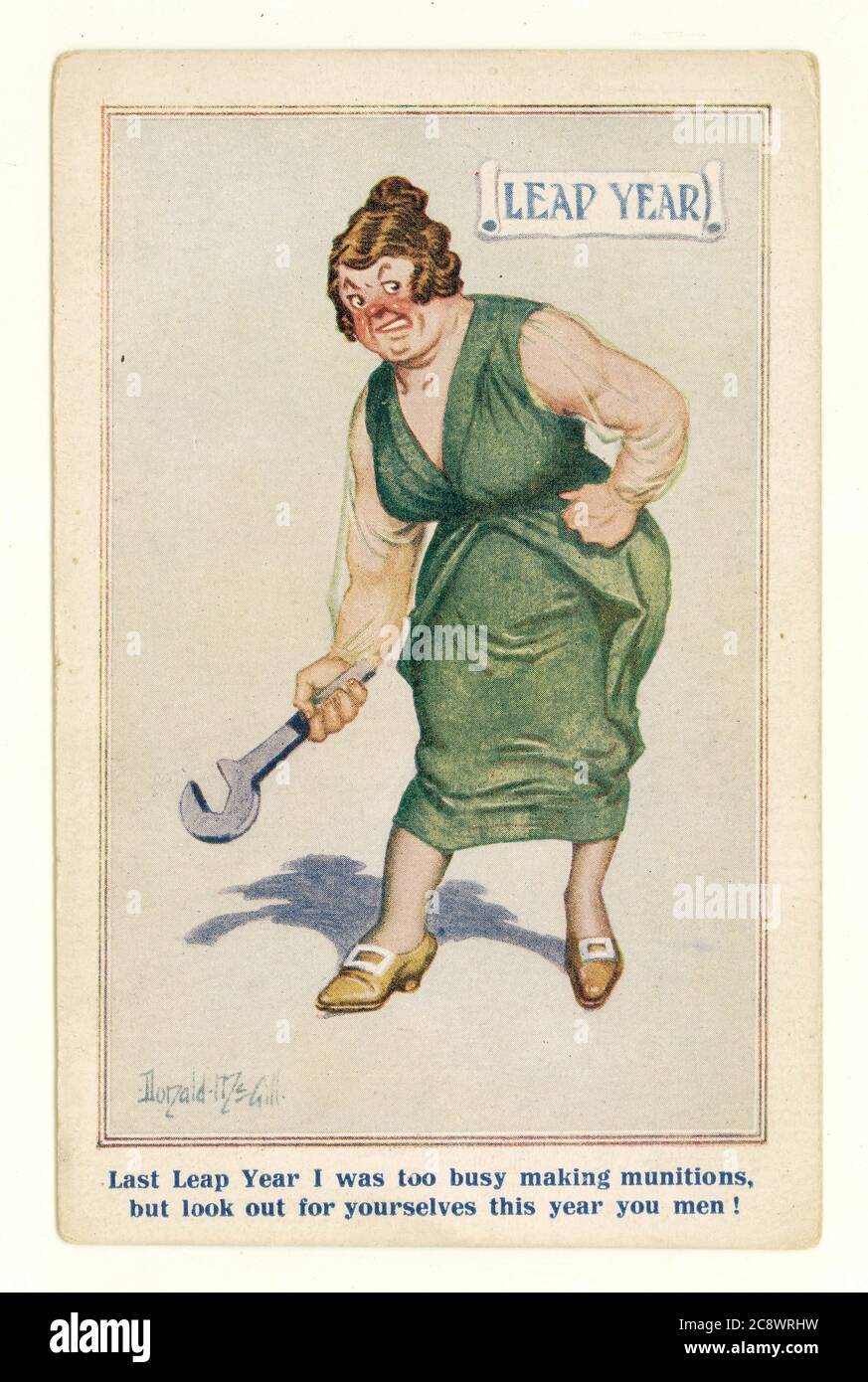 Original post WW1 era comic greetings postcard, comique series, of newly emancipated former lady munitions worker referring to previous 1916 leap year during WW1. Dates to 1920, U.K Stock Photo