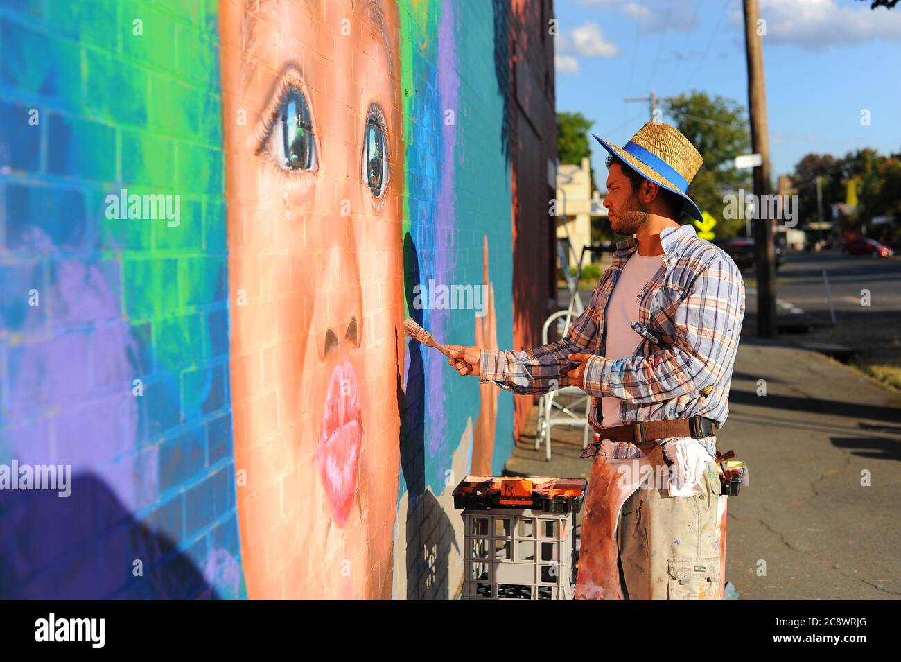 Wall to Wall, Benalla Street Art festival, Benalla, Victoria, Australia. Columbian artist Julian Clavijo applies the finishing touches to his artwork. Stock Photo