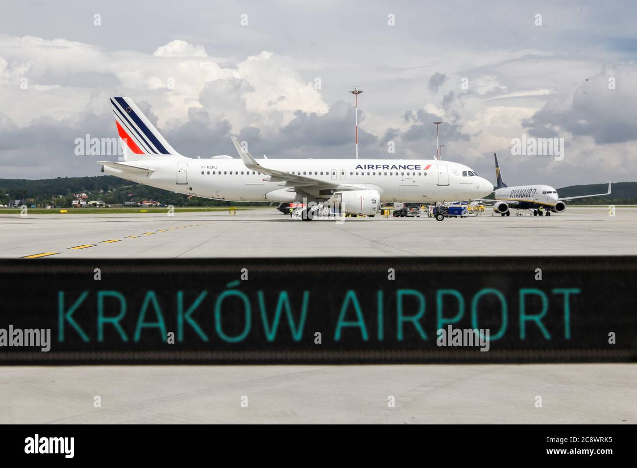 Air France Airbus A320 inaugurating the air link Paris-Krakow seen at the Krakow Airport.  Inauguration of the Paris-Cracow air link operated by the F Stock Photo