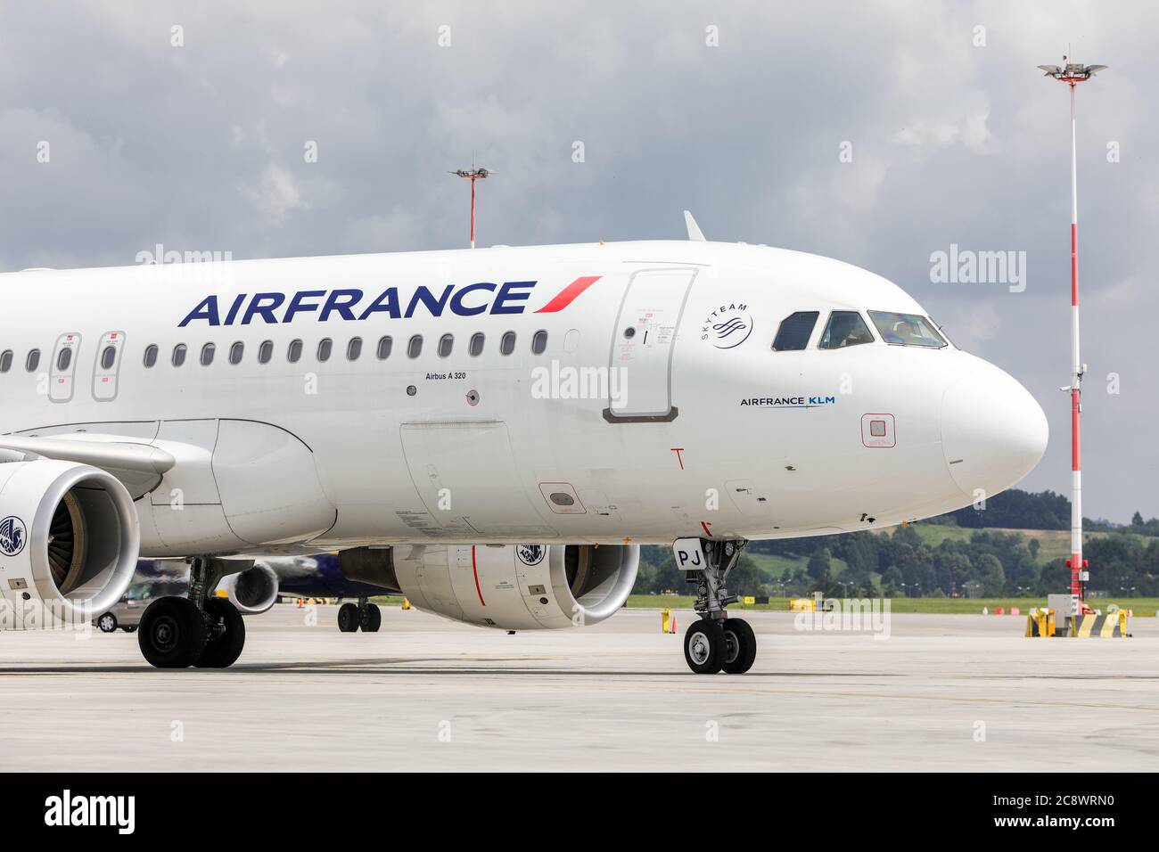 Air France Airbus A320 inaugurating the air link Paris-Krakow seen at the Krakow Airport.  Inauguration of the Paris-Cracow air link operated by the F Stock Photo