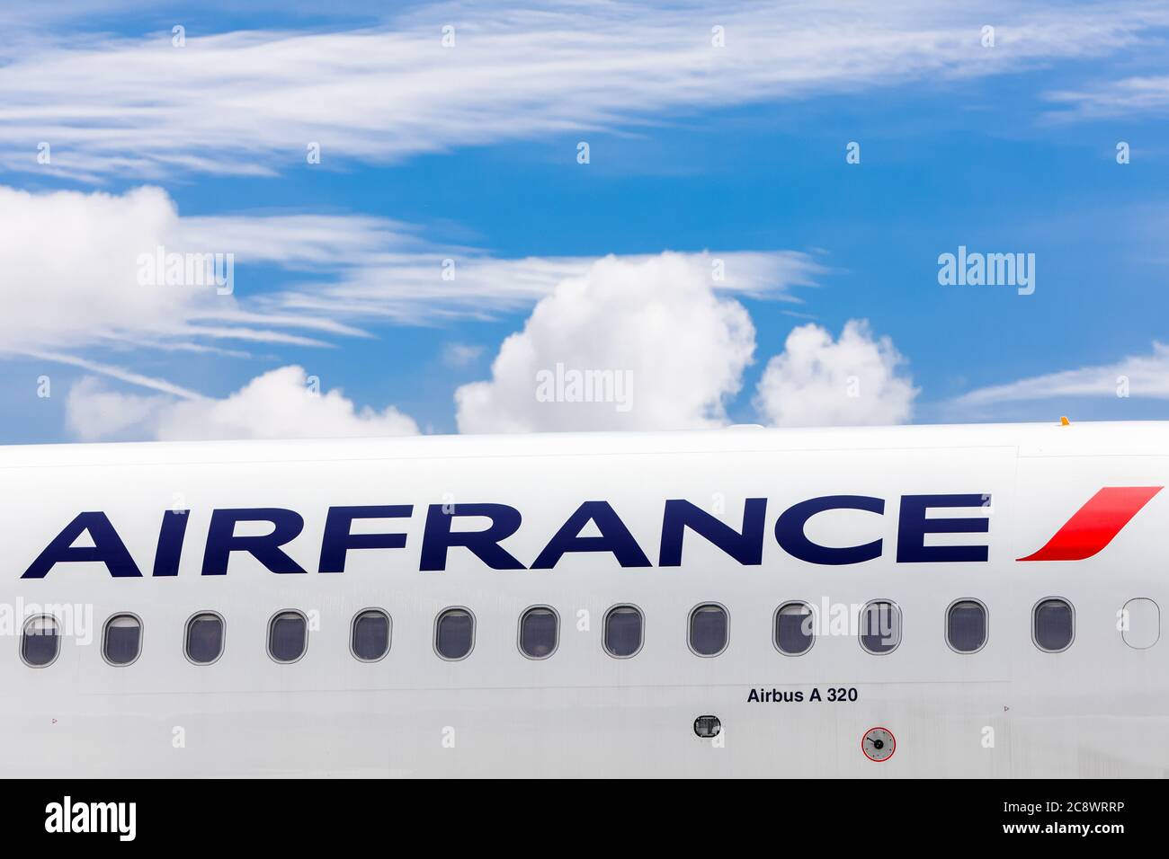 Air France logo senn at the Airbus A320 inaugurating the air link Paris-Krakow seen at the Krakow Airport.  Inauguration of the Paris-Cracow air link Stock Photo