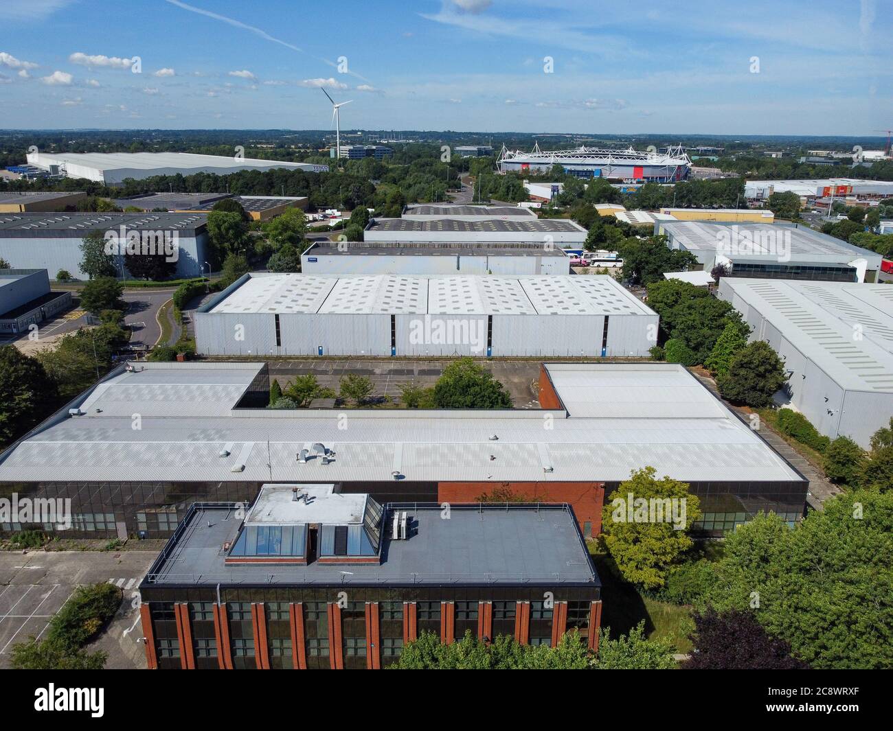 Reading, United Kingdom July 12 2020 Aerial image of warehouses and