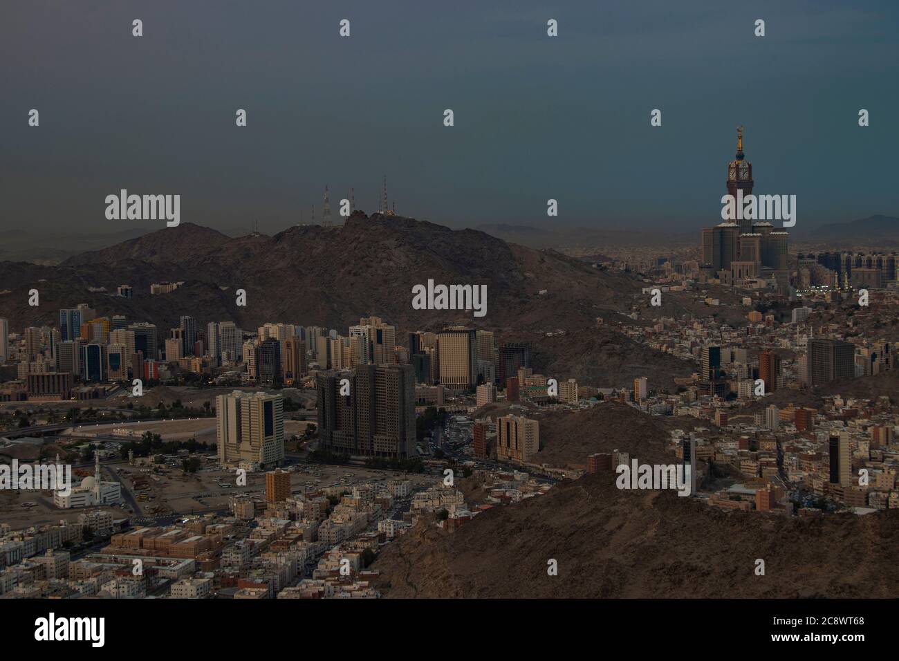 Panoramic skyline view of Mecca city from Jabal Nur. Skyline with Abraj Al Bait. Royal Clock Tower in Makkah Stock Photo