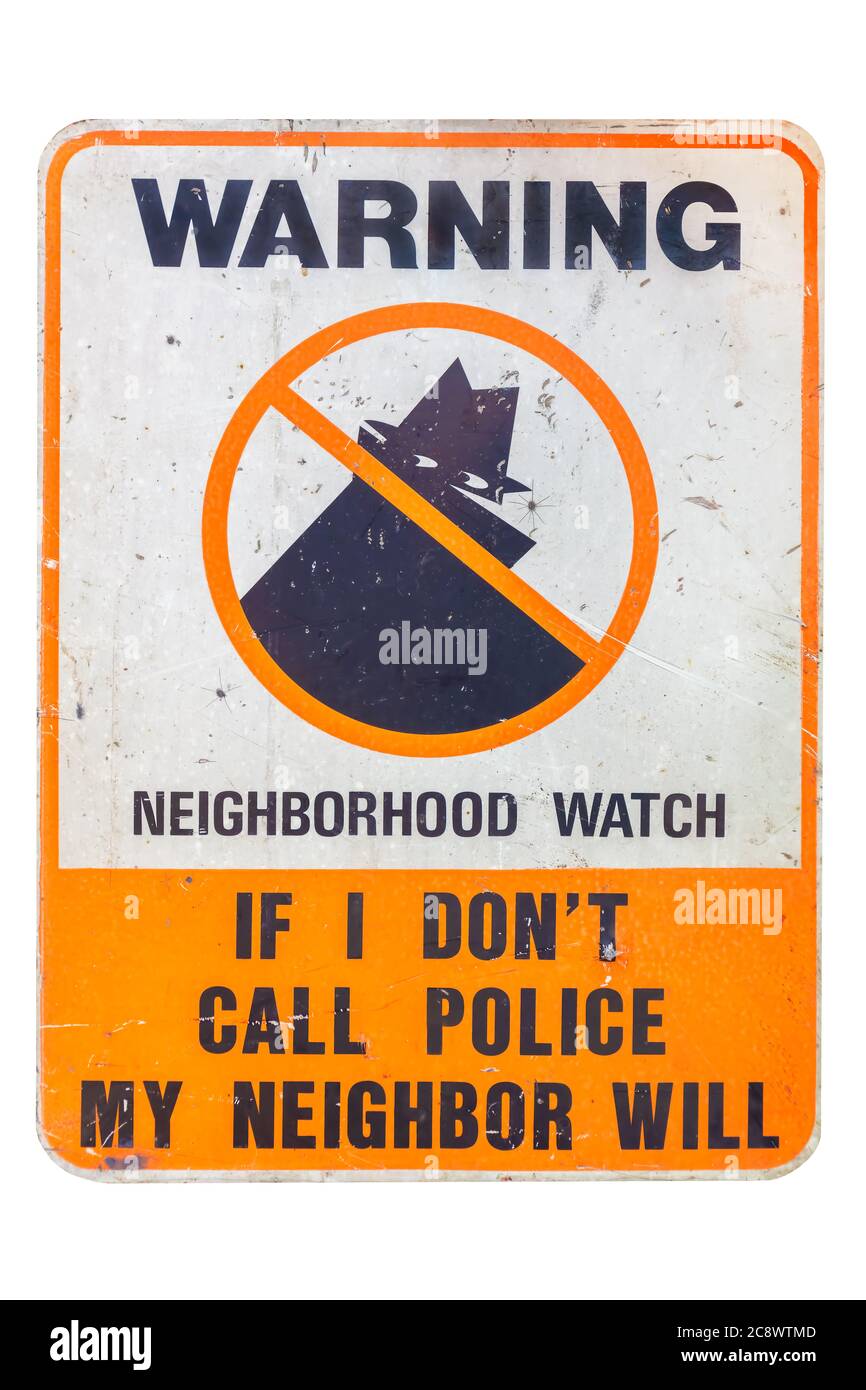 Scratched neigborhood watch warning sign isolated on a white background Stock Photo