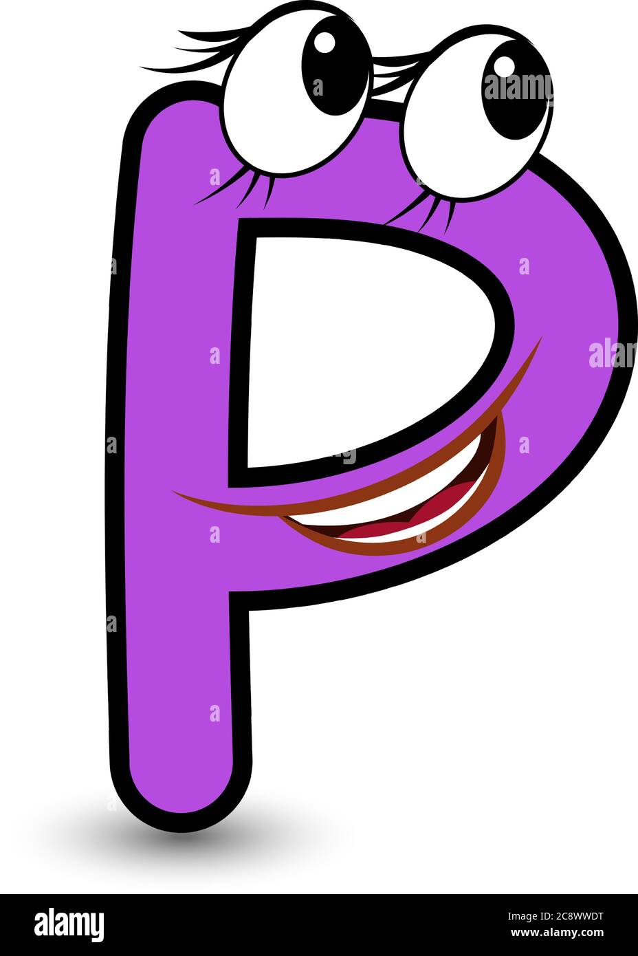 Funny hand-drawn cartoon styled font colorful letter P with smiling face vector alphabet illustration isolated on white. Good for kids learning Stock Vector