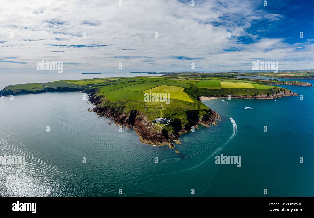 Aerial view of 19th century coastal fort on clifftops surrounded by fields and ocean (Milford Haven, Wales) Stock Photo