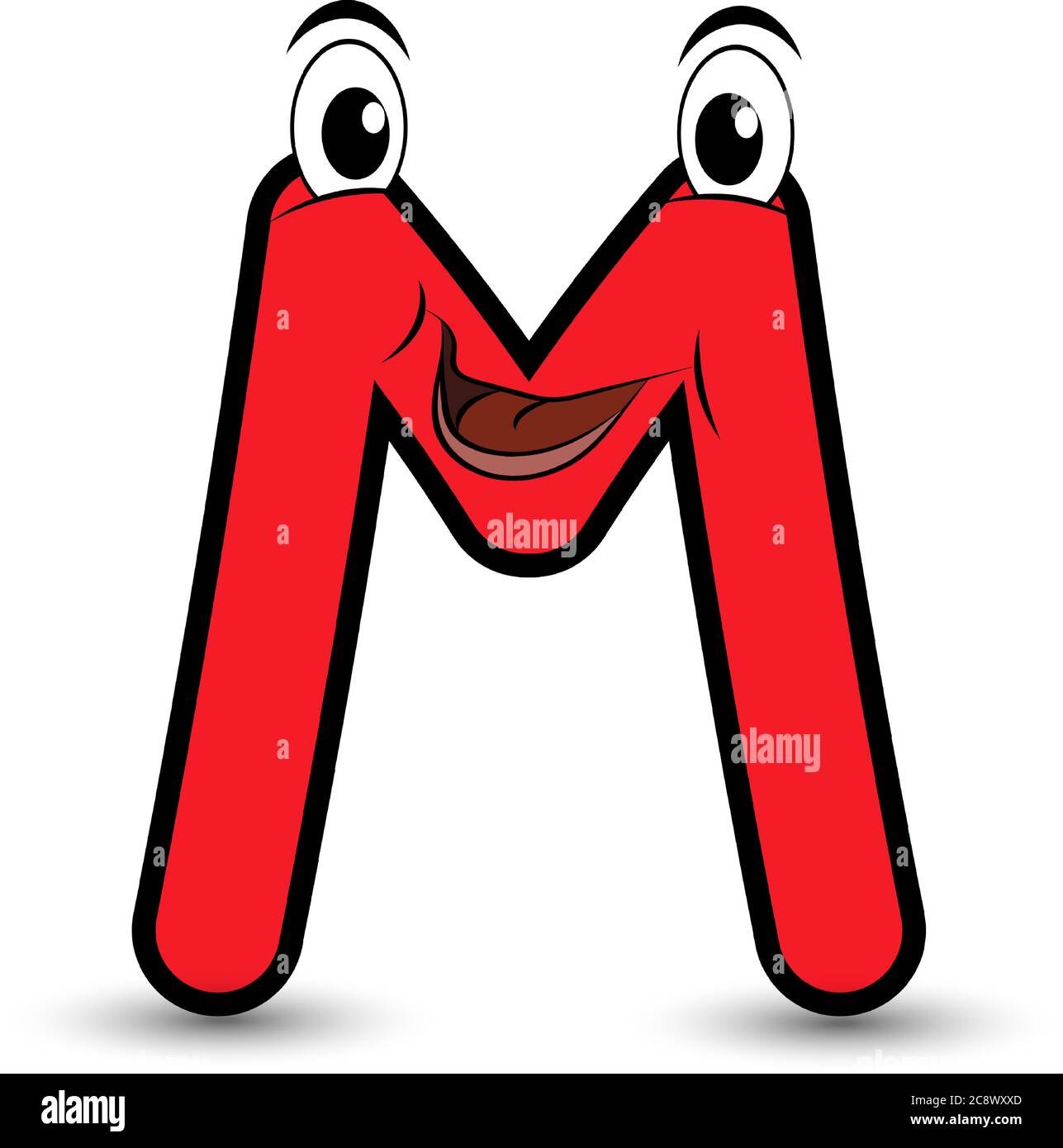 Funny hand drawn cartoon styled font colorful letter M with smiling face vector alphabet illustration isolated on white. Good for kids learning activi Stock Vector