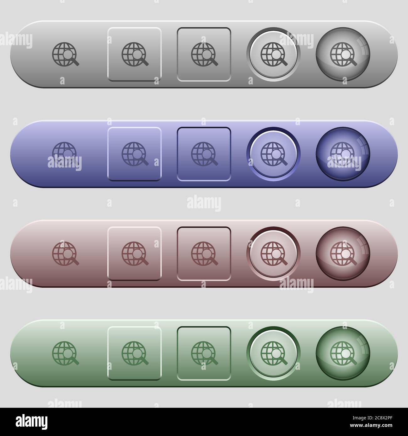 Web search icons on rounded horizontal menu bars in different colors and button styles Stock Vector