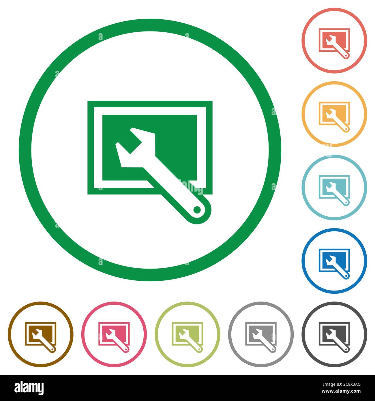 Set of screen settings color round outlined flat icons on white ...