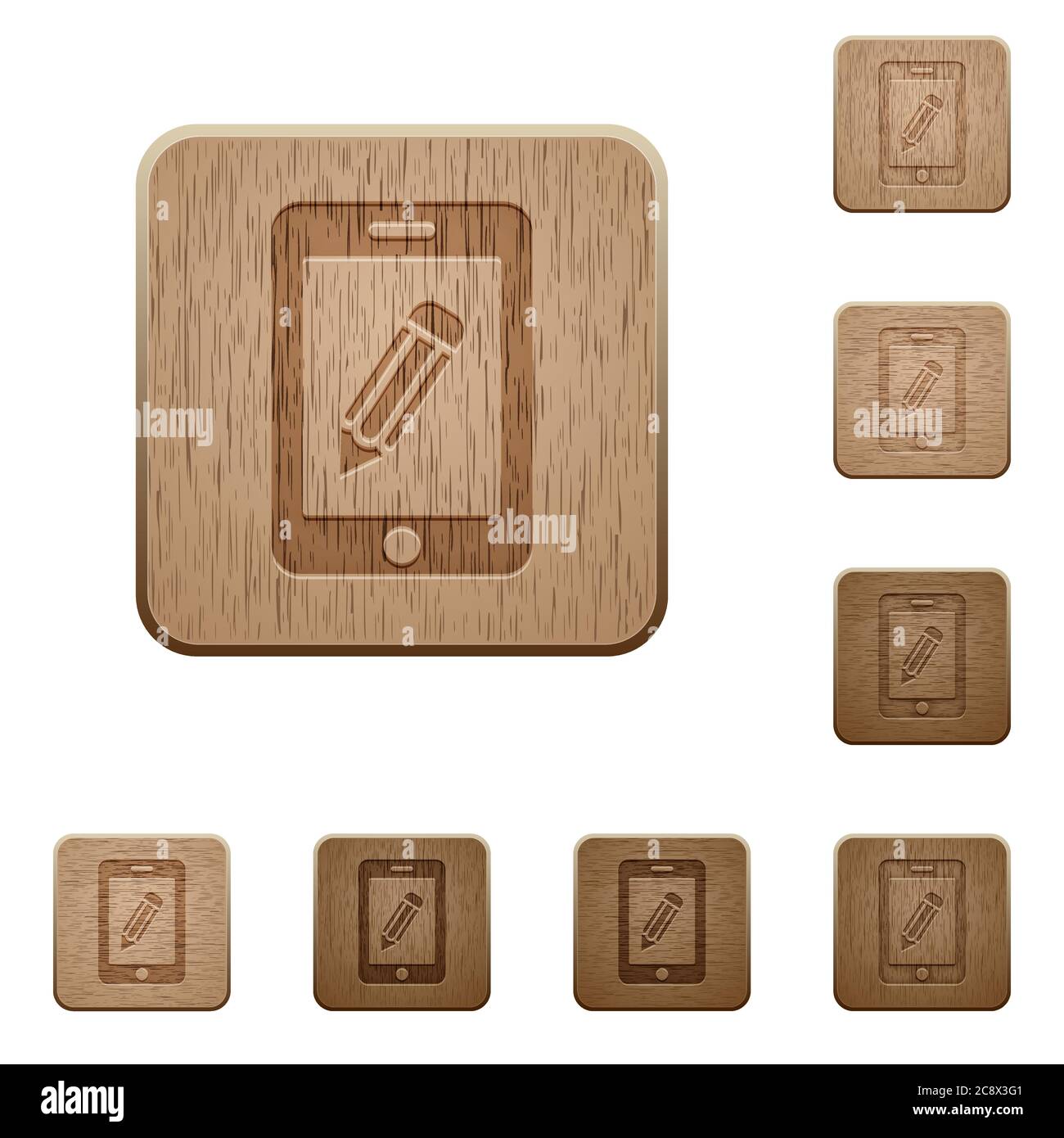 Set of carved wooden smartphone memo buttons in 8 variations. Stock Vector