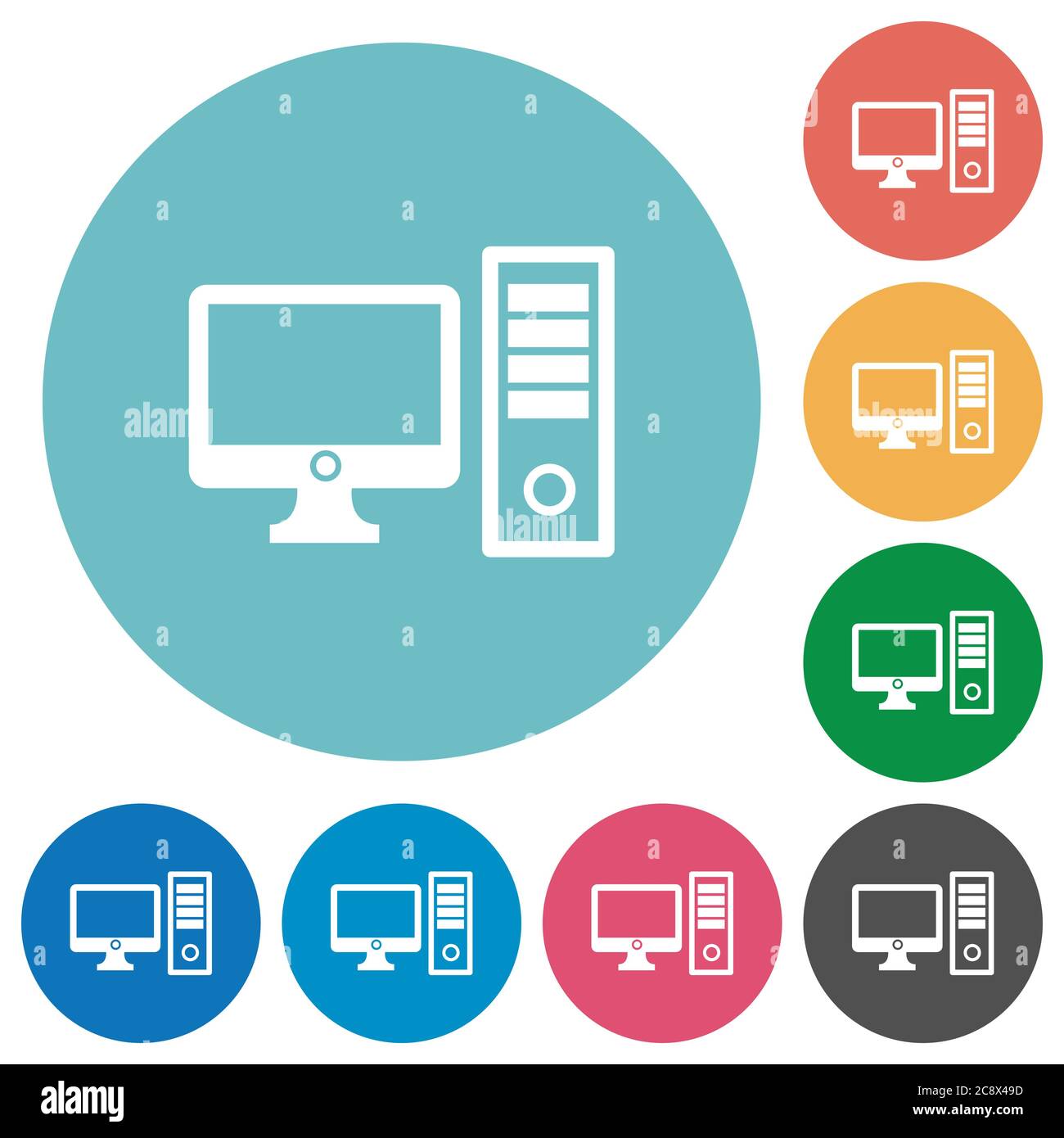 Flat desktop computer icon set on round color background. Stock Vector
