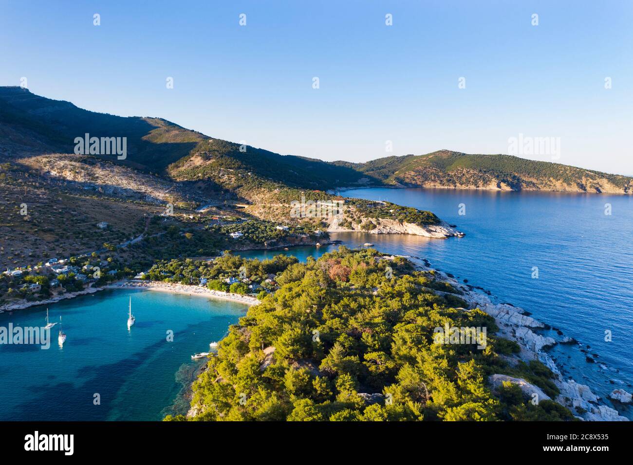 Aerial view of Aliki village and his beautiful beaches. Thassos island, Greece Stock Photo